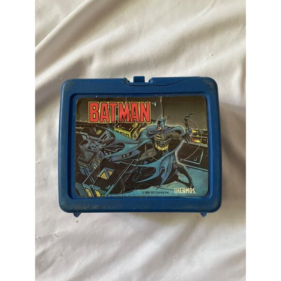 Vintage 1989 Batman Thermos Blue Lunchbox With Handle & Original Sticker - Picture 1 of 8